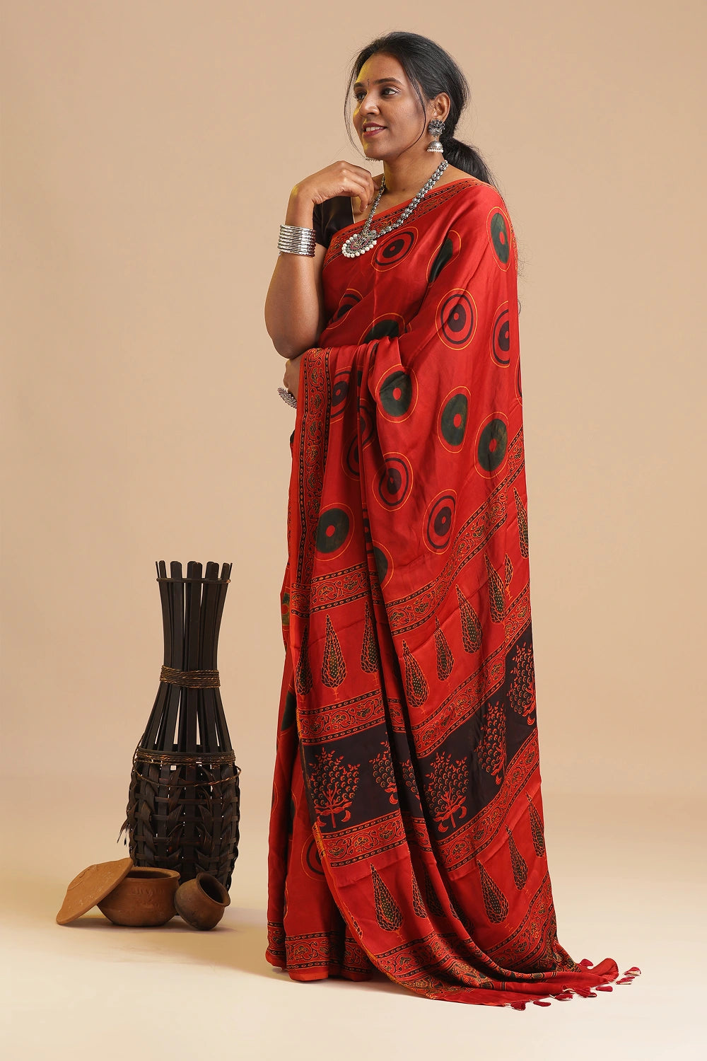 Red Harmony – Ajrakh Block Printed Modal Silk Saree