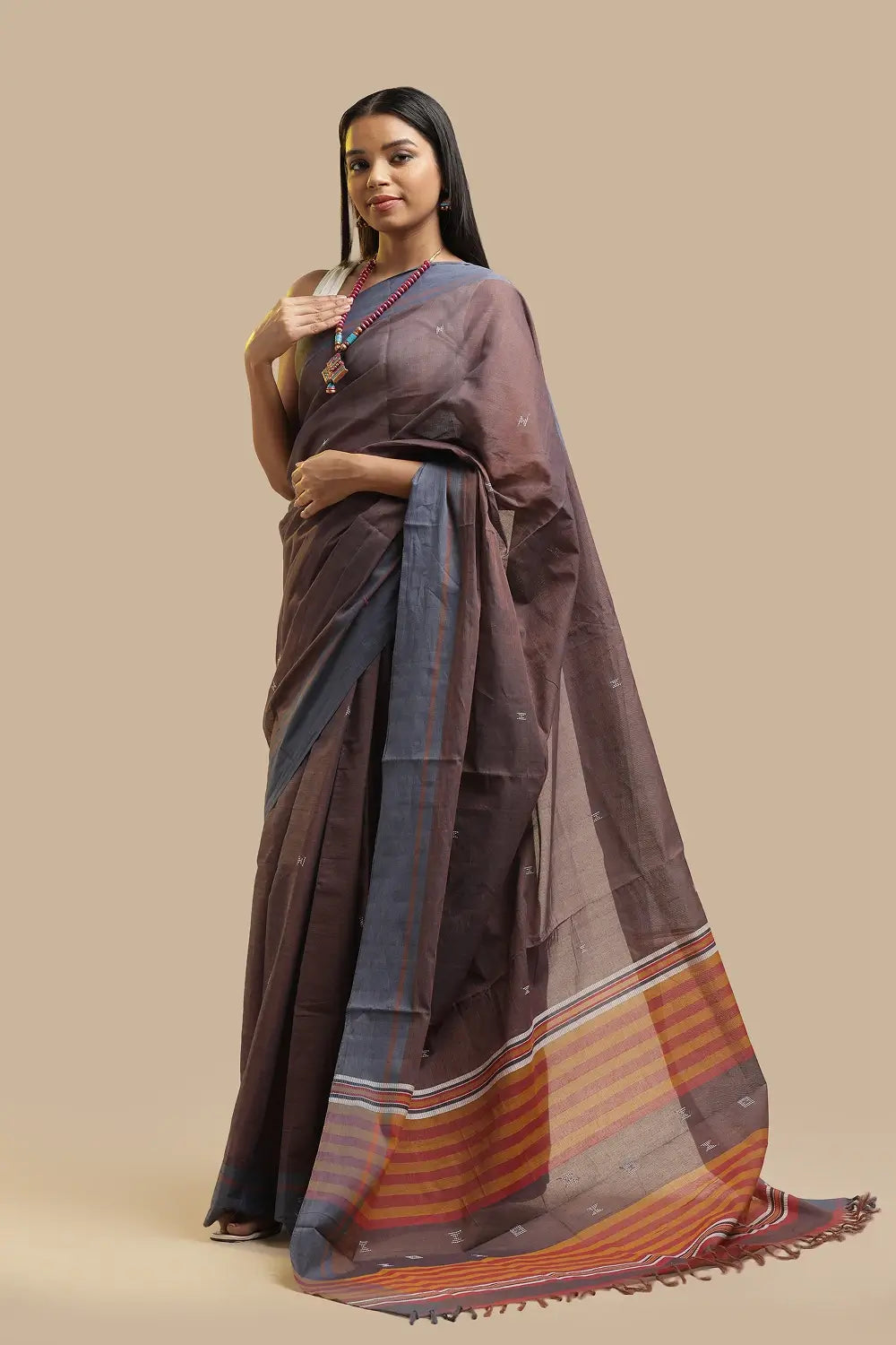 Udupi Cotton Saree | Mocha Mist- Buti and Stripes | Handwoven
