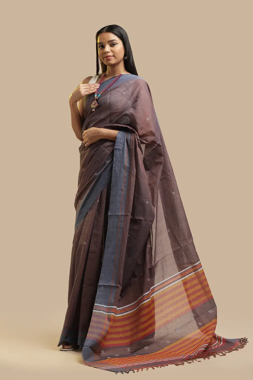 Udupi Cotton Saree | Mocha Mist- Buti and Stripes | Handwoven