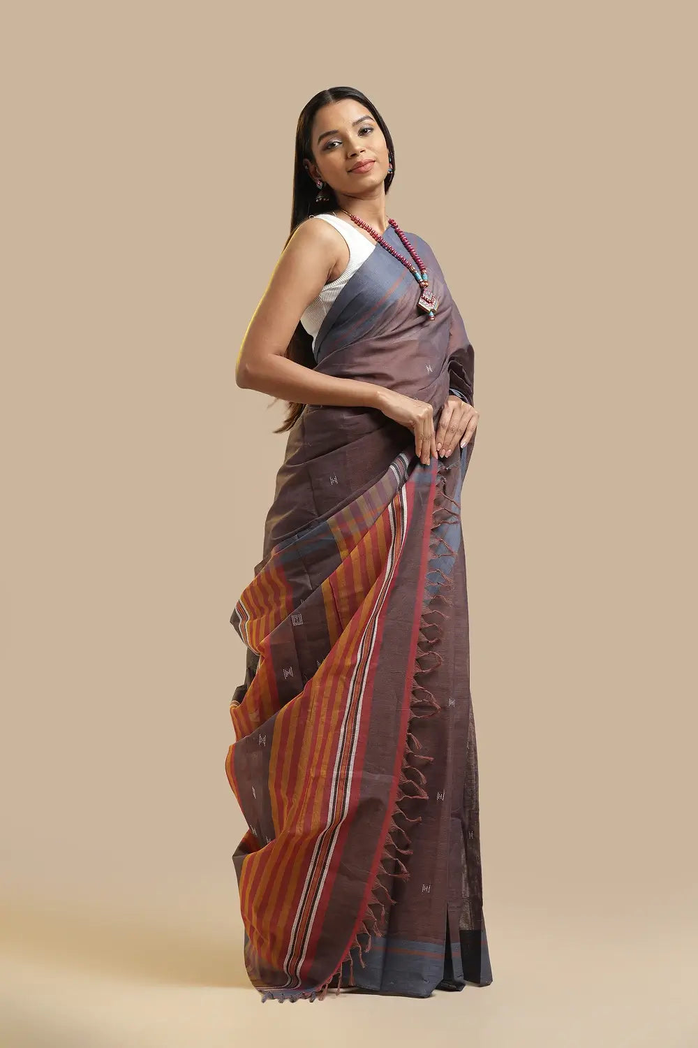 Udupi Cotton Saree | Mocha Mist- Buti and Stripes | Handwoven