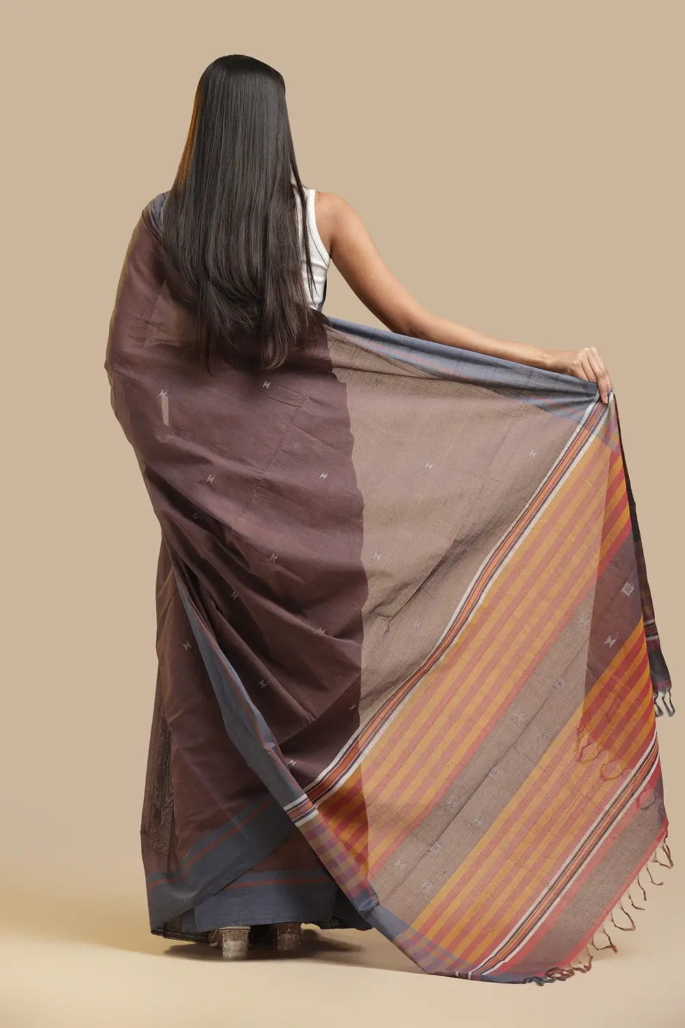 Udupi Cotton Saree | Mocha Mist- Buti and Stripes | Handwoven