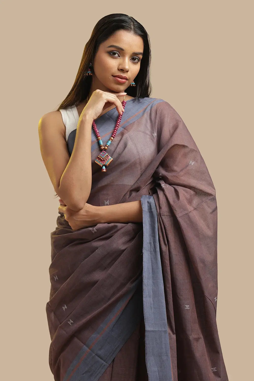 Udupi Cotton Saree | Mocha Mist- Buti and Stripes | Handwoven