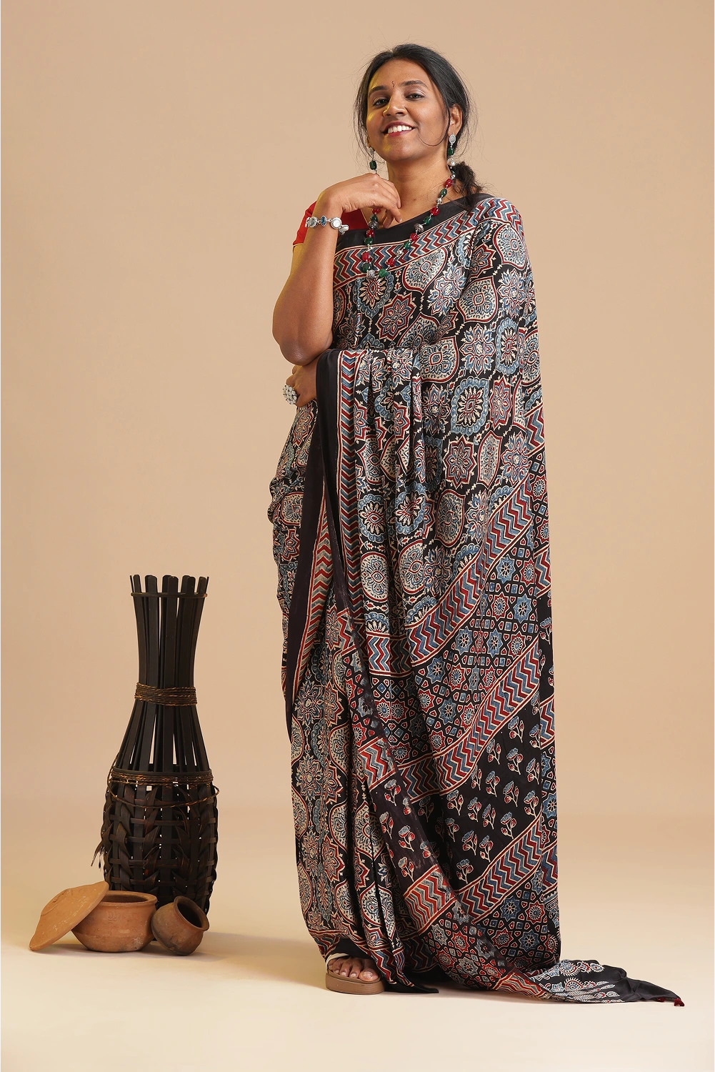 Black Harmony – Ajrakh Block Printed Modal Silk Saree