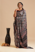 Black Harmony – Ajrakh Block Printed Modal Silk Saree