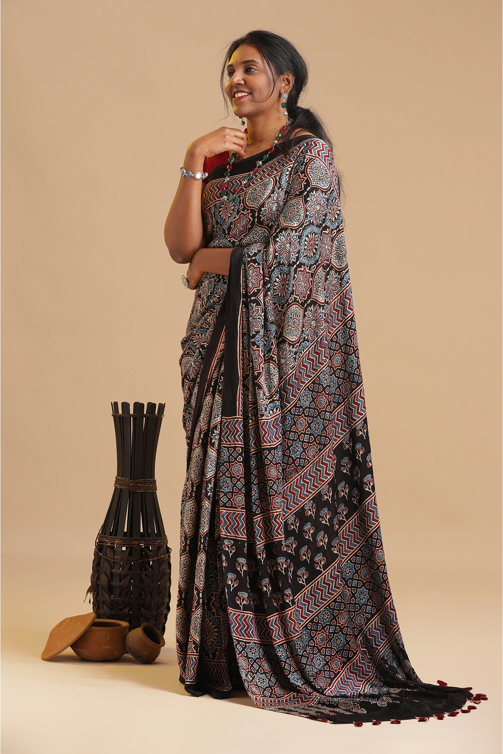 Black Harmony – Ajrakh Block Printed Modal Silk Saree