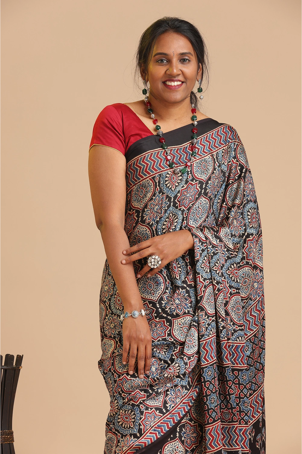 Black Harmony – Ajrakh Block Printed Modal Silk Saree