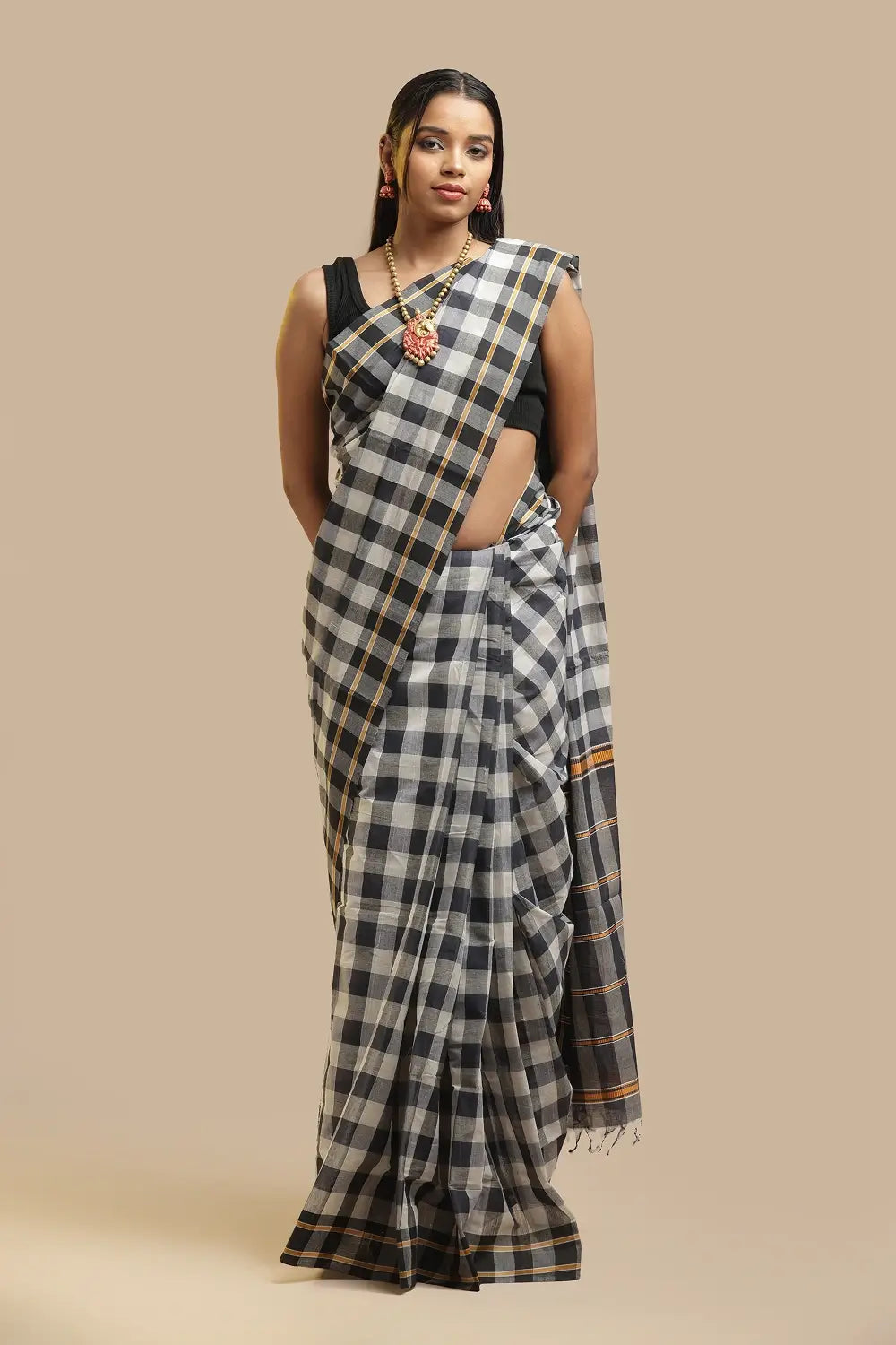 Udupi Cotton Saree | Coal & Pearl – Gingham Checks | Handwoven