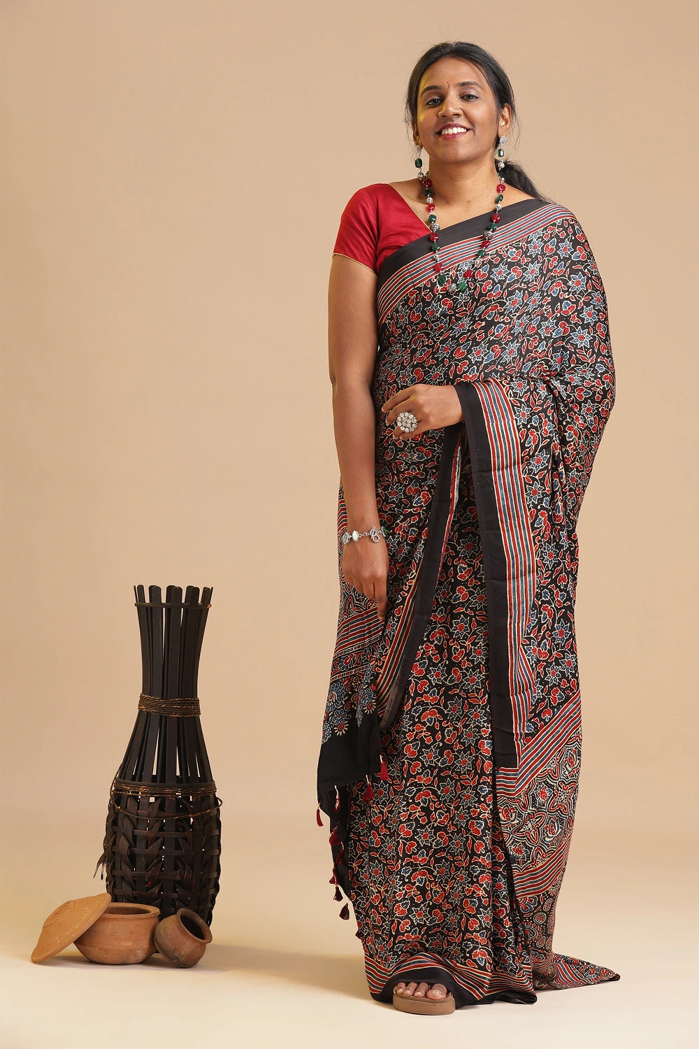 Black Harmony – Ajrakh Block Printed Modal Silk Saree
