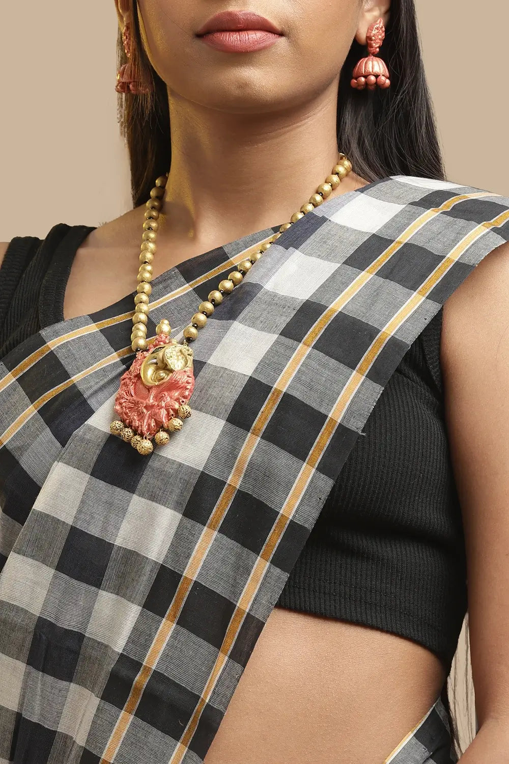Udupi Cotton Saree | Coal & Pearl – Gingham Checks | Handwoven