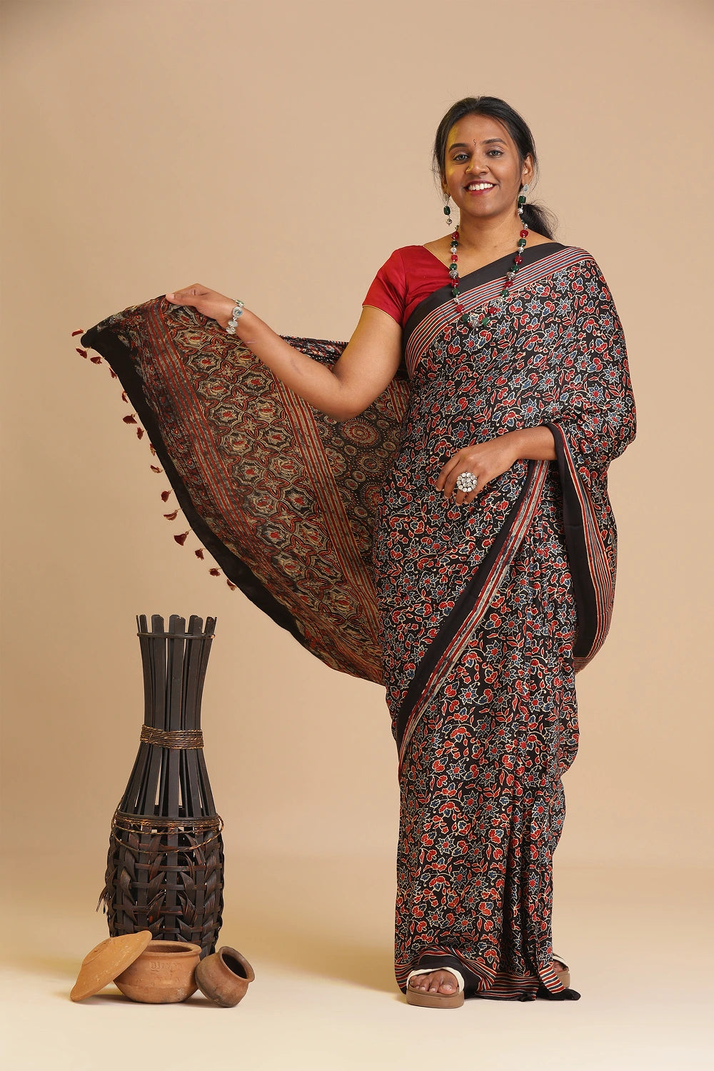 Black Harmony – Ajrakh Block Printed Modal Silk Saree