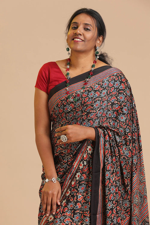 Black Harmony – Ajrakh Block Printed Modal Silk Saree