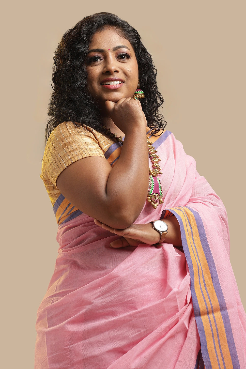 Pink Udupi Cotton Saree | Lavender & Golden Stripes Pallu | Handwoven