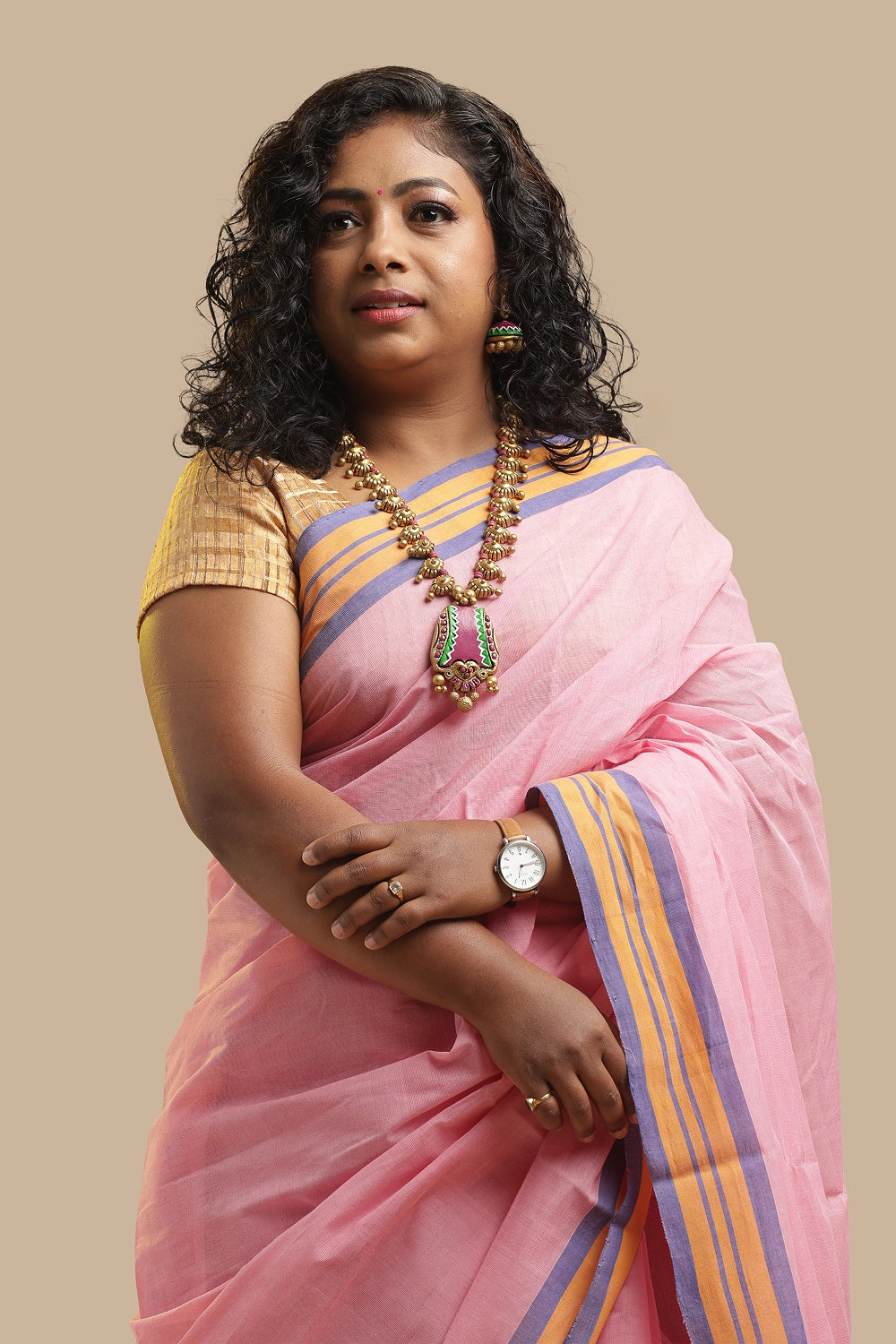 Pink Udupi Cotton Saree | Lavender & Golden Stripes Pallu | Handwoven
