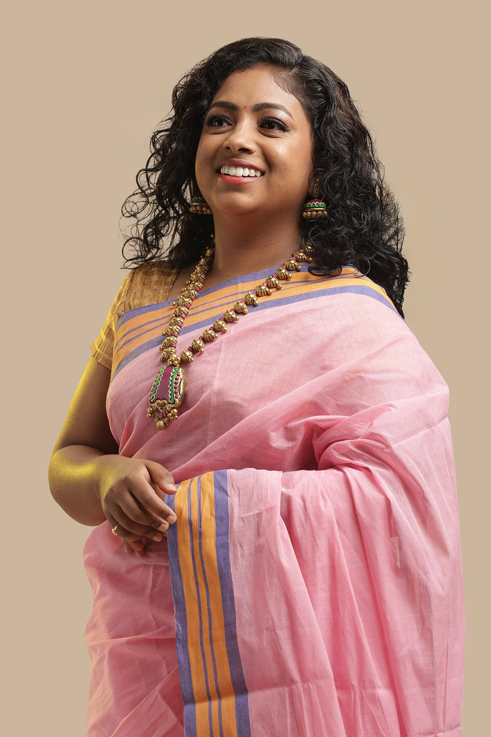 Pink Udupi Cotton Saree | Lavender & Golden Stripes Pallu | Handwoven