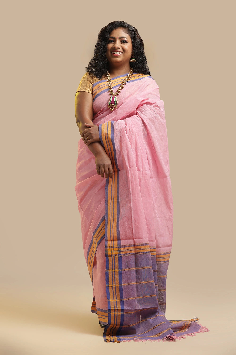 Pink Udupi Cotton Saree | Lavender & Golden Stripes Pallu | Handwoven