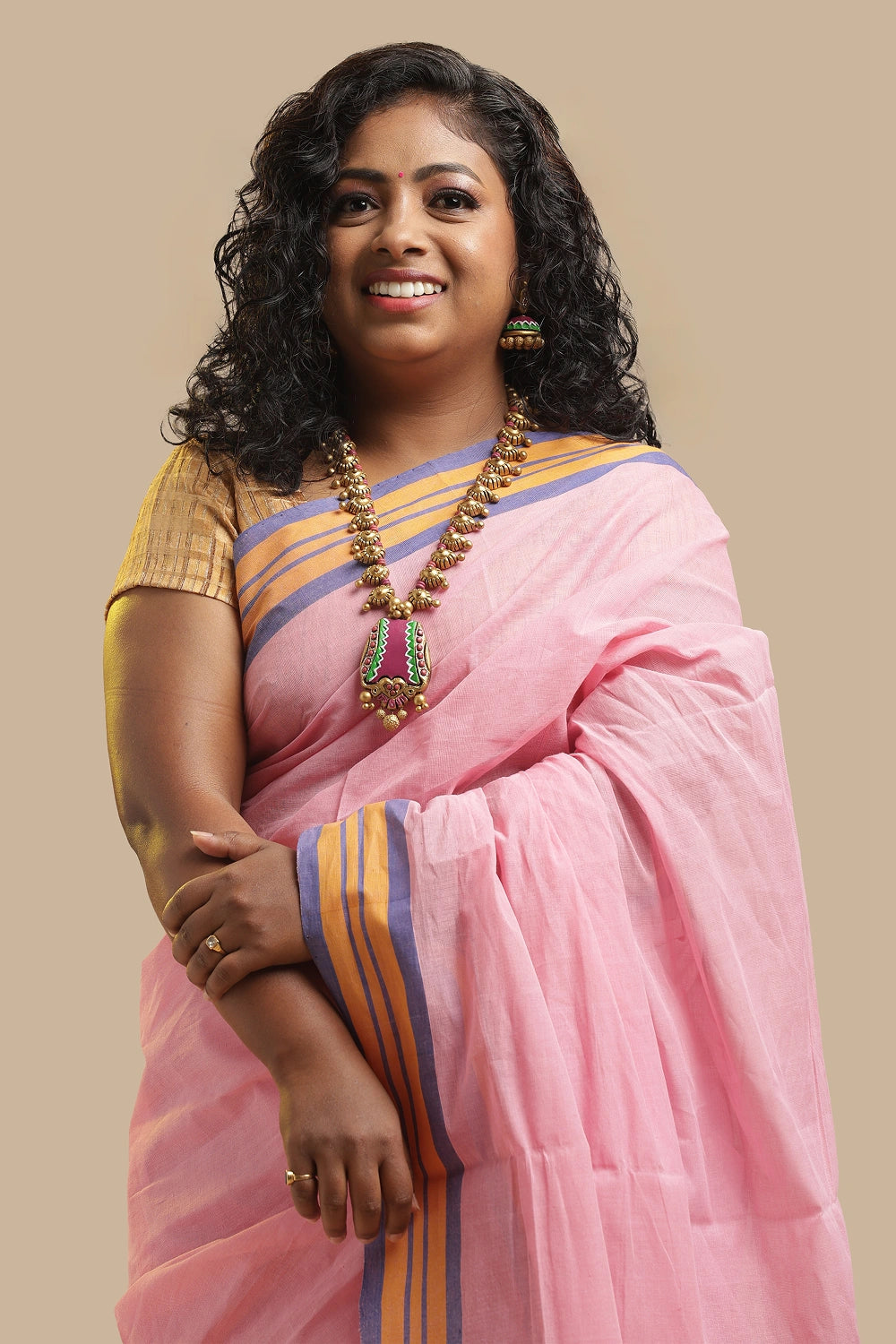 Pink Udupi Cotton Saree | Lavender & Golden Stripes Pallu | Handwoven