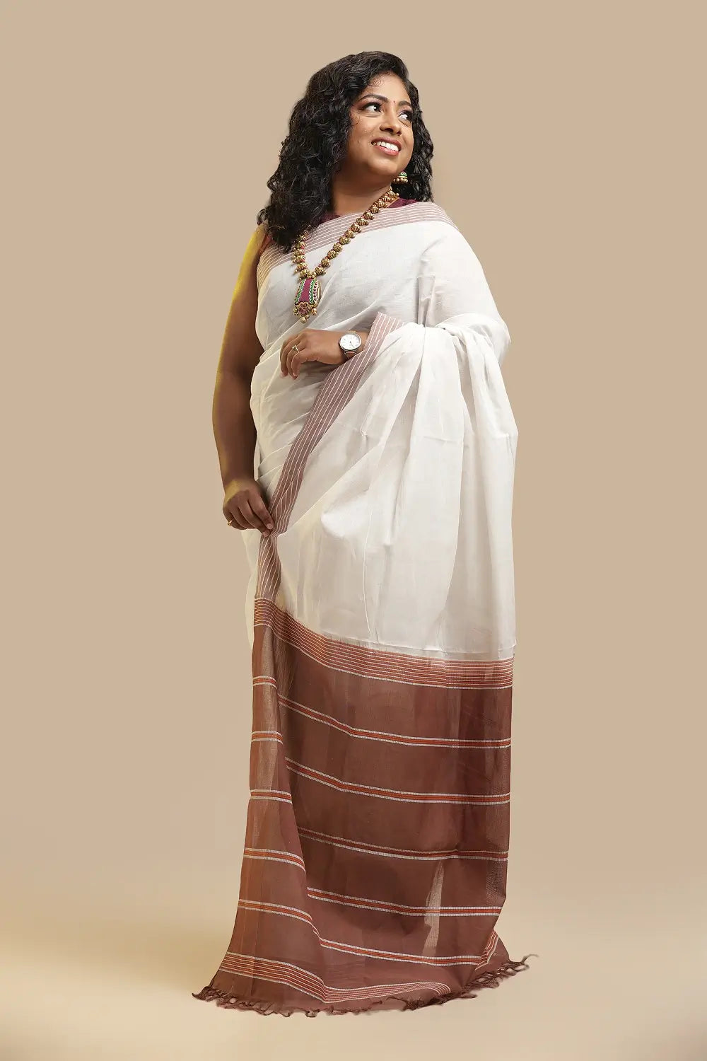Udupi Cotton Saree | White Dusk – Brown Stripe Pallu | Handwoven