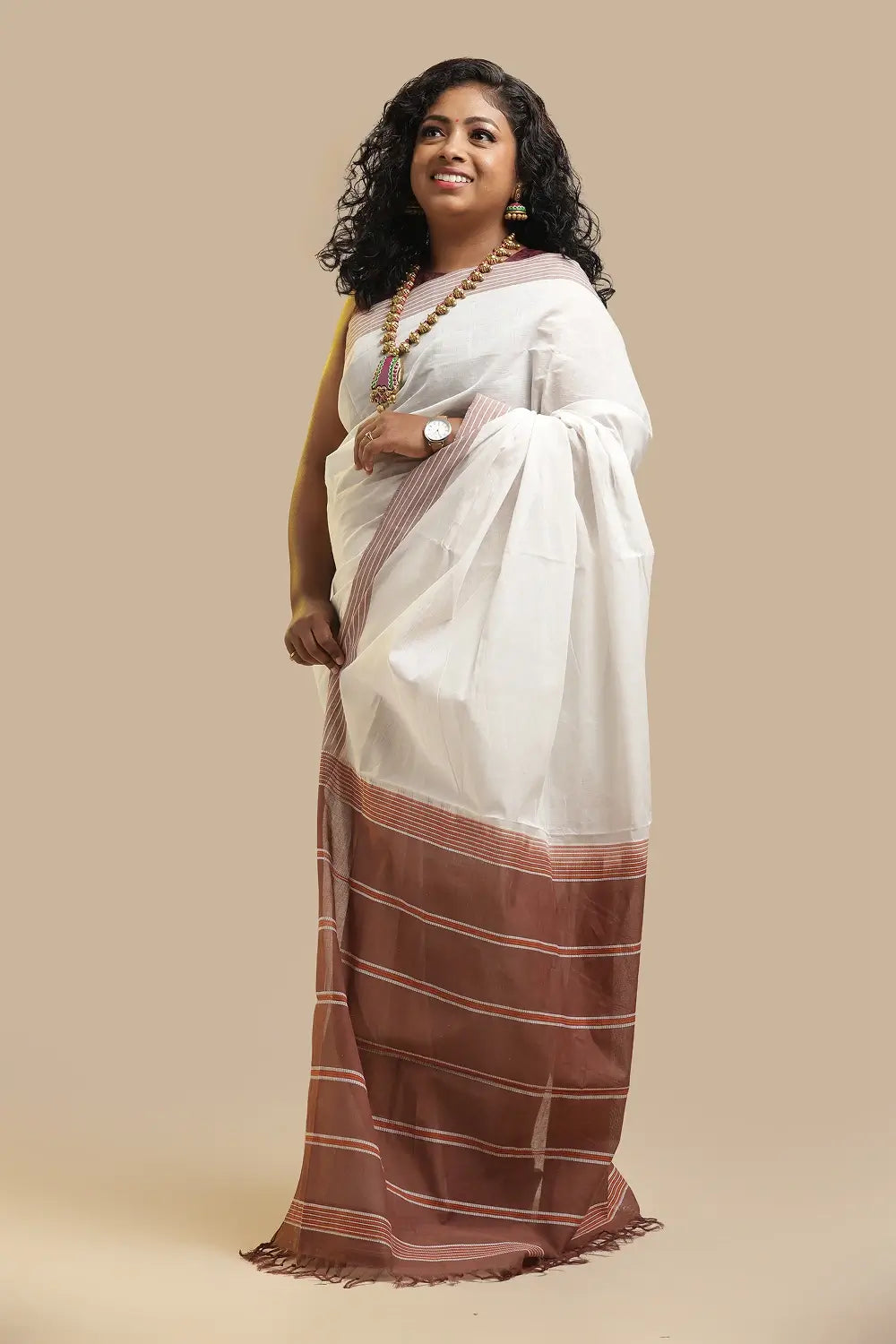 Udupi Cotton Saree | White Dusk – Brown Stripe Pallu | Handwoven