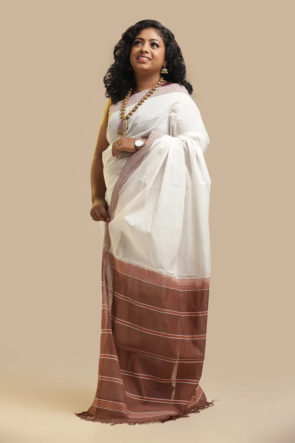 Udupi Cotton Saree | White Dusk – Brown Stripe Pallu | Handwoven