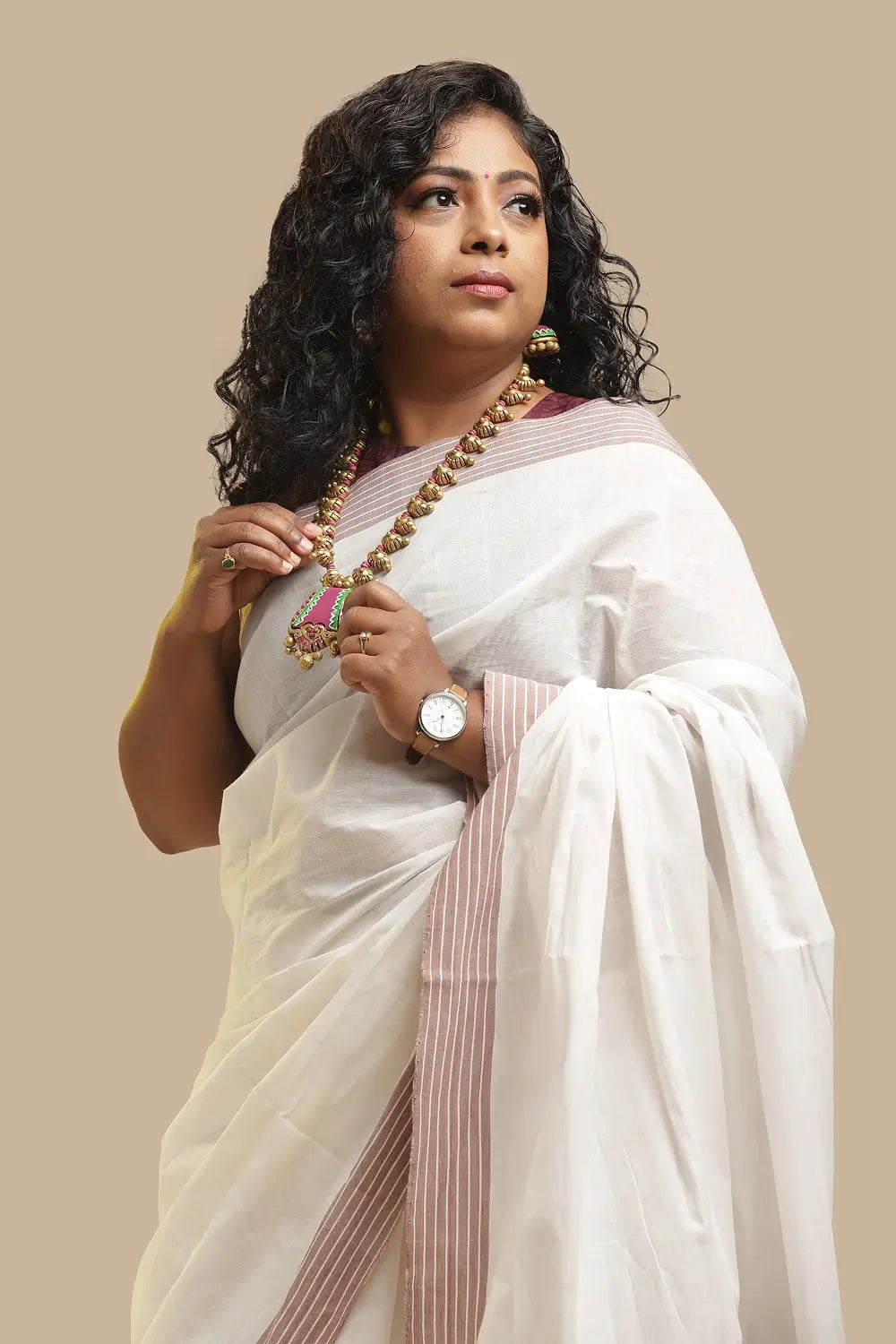 Udupi Cotton Saree | White Dusk – Brown Stripe Pallu | Handwoven