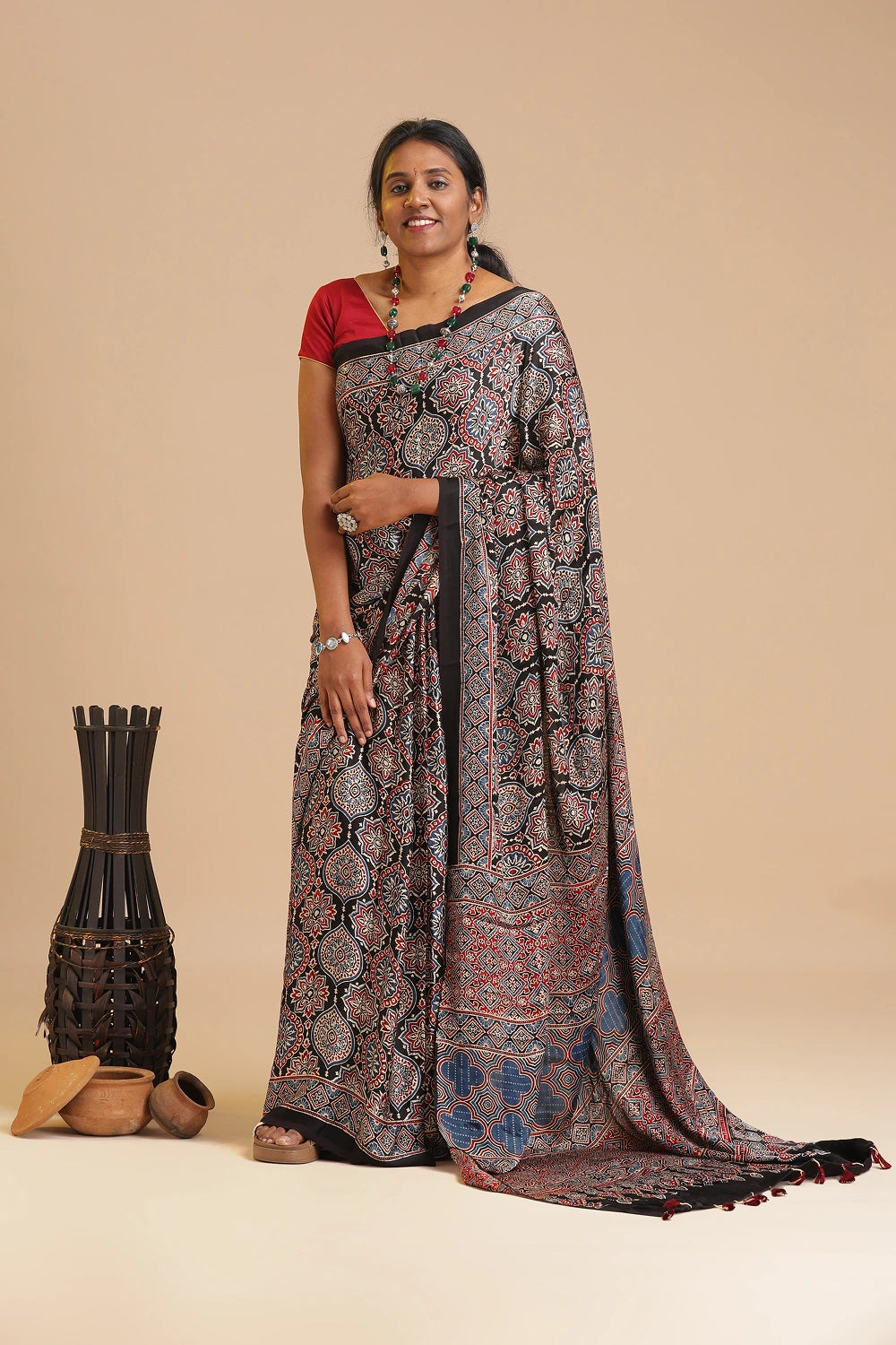 Black Harmony – Ajrakh Block Printed Modal Silk Saree