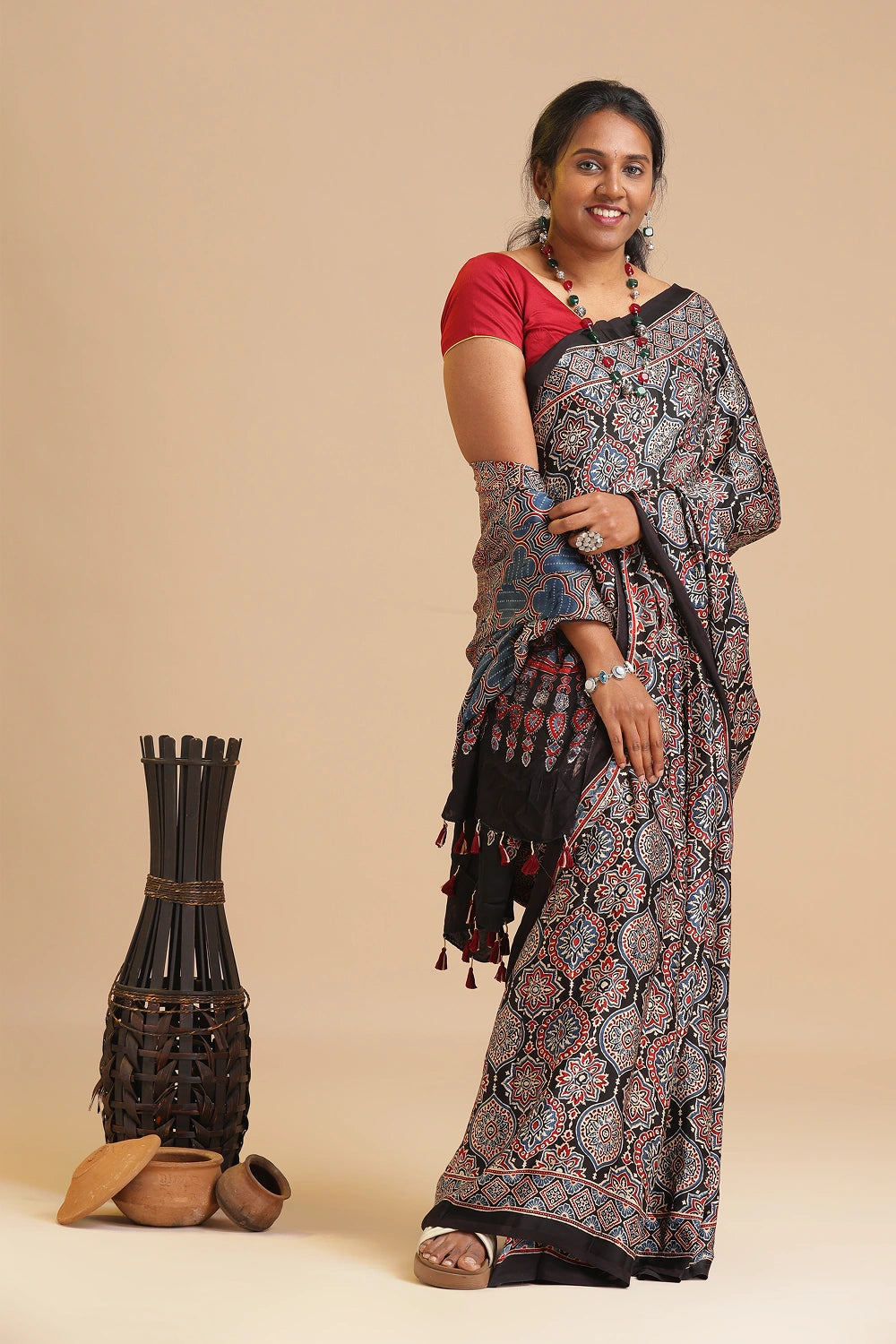 Black Harmony – Ajrakh Block Printed Modal Silk Saree