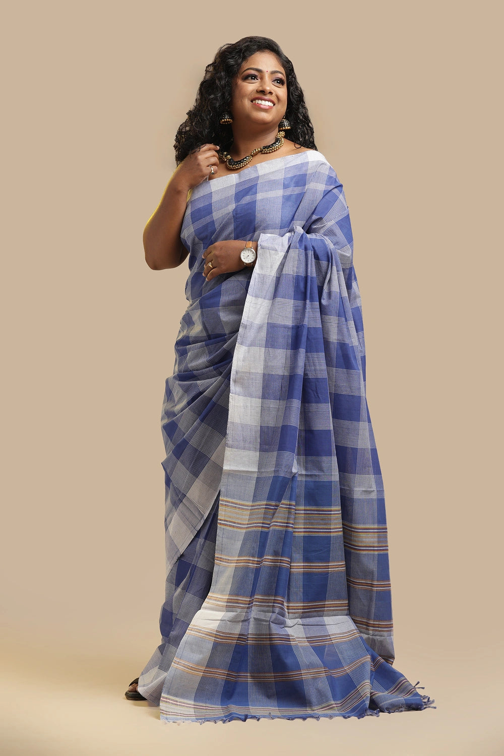 Udupi Cotton Saree | Blue Sky – Checks Weave | Handwoven