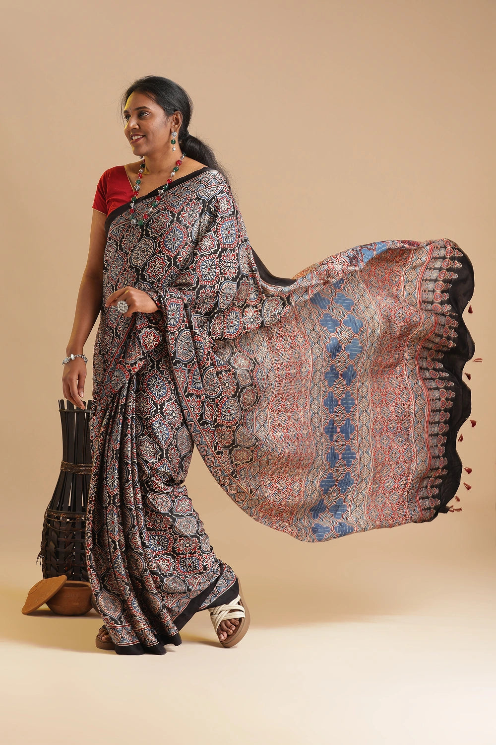 Black Harmony – Ajrakh Block Printed Modal Silk Saree