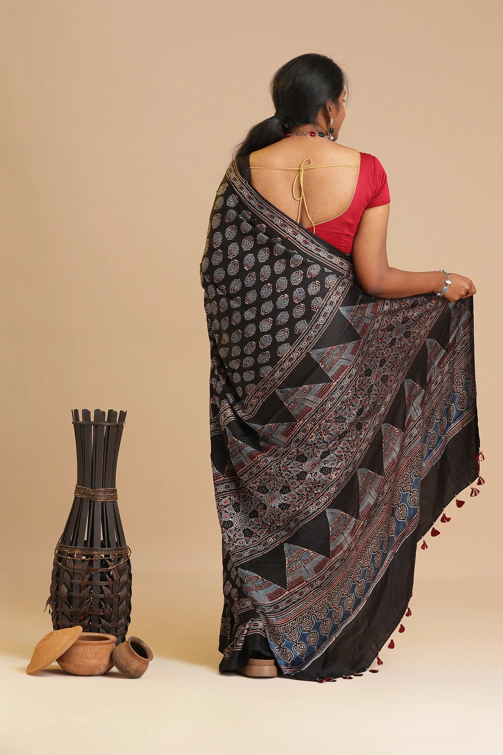 Black Harmony – Ajrakh Block Printed Modal Silk Saree