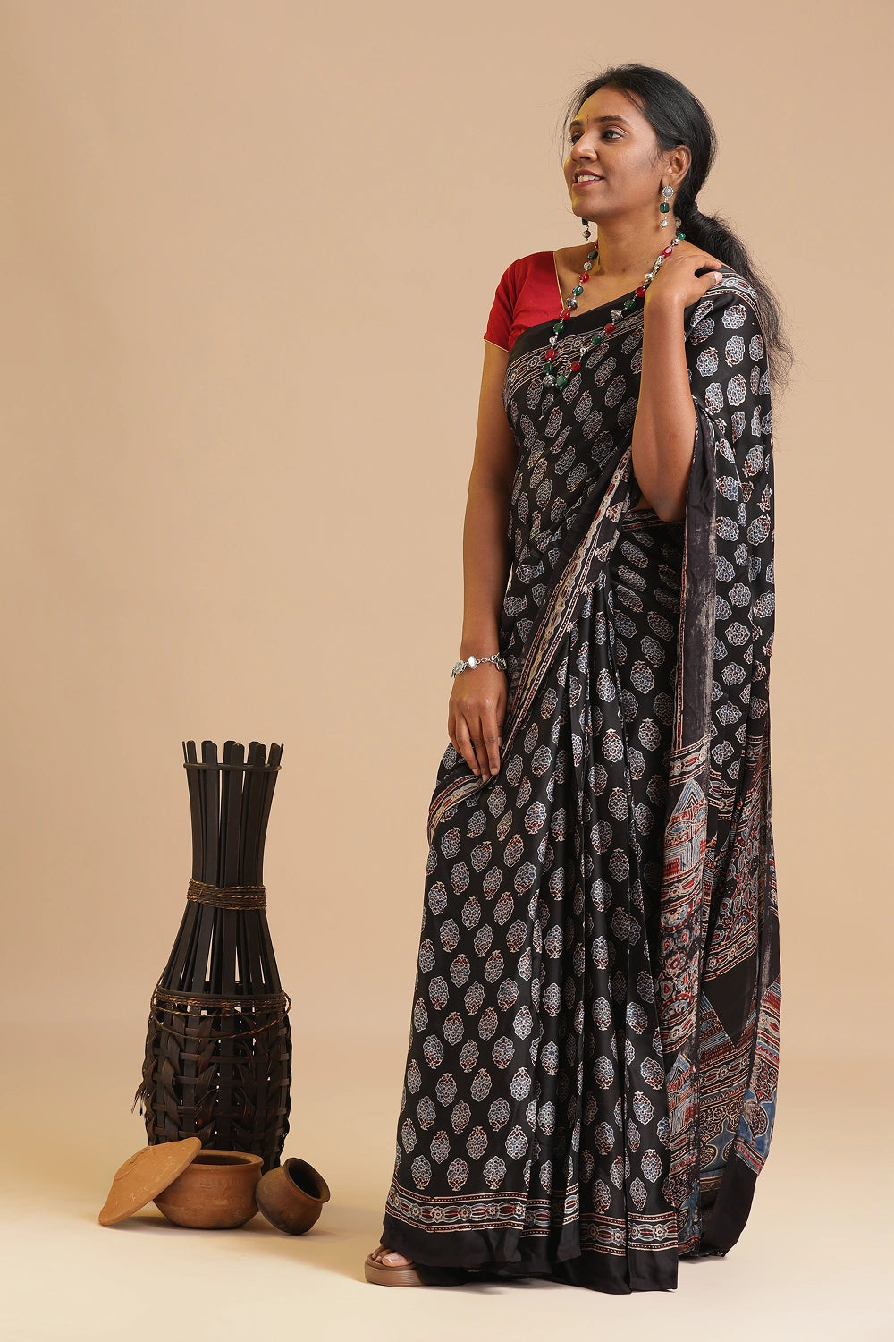 Black Harmony – Ajrakh Block Printed Modal Silk Saree