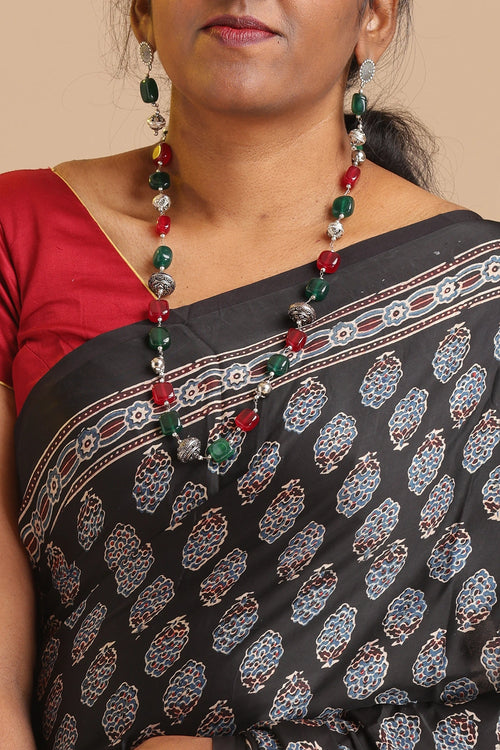 Black Harmony – Ajrakh Block Printed Modal Silk Saree