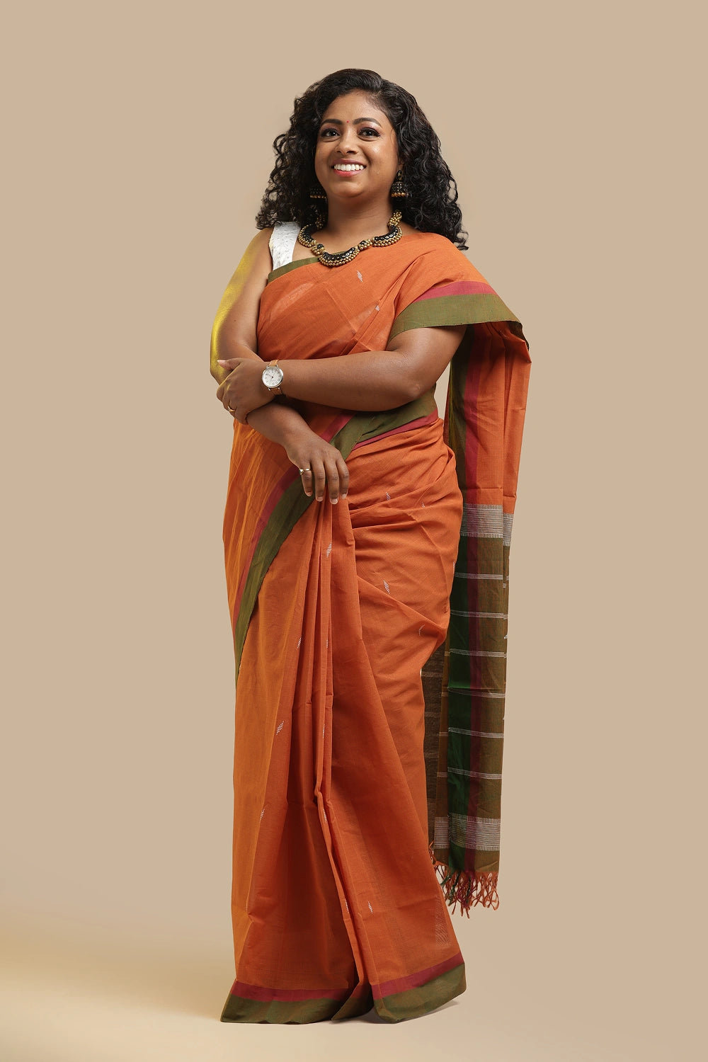 Udupi Cotton Saree | Burnt Ember – Buti Weave | Handwoven