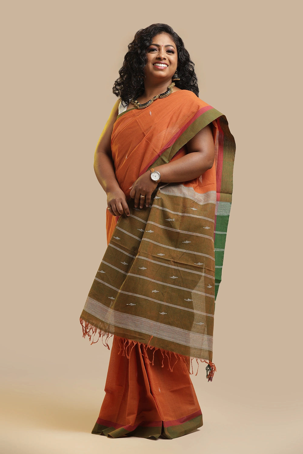 Udupi Cotton Saree | Burnt Ember – Buti Weave | Handwoven
