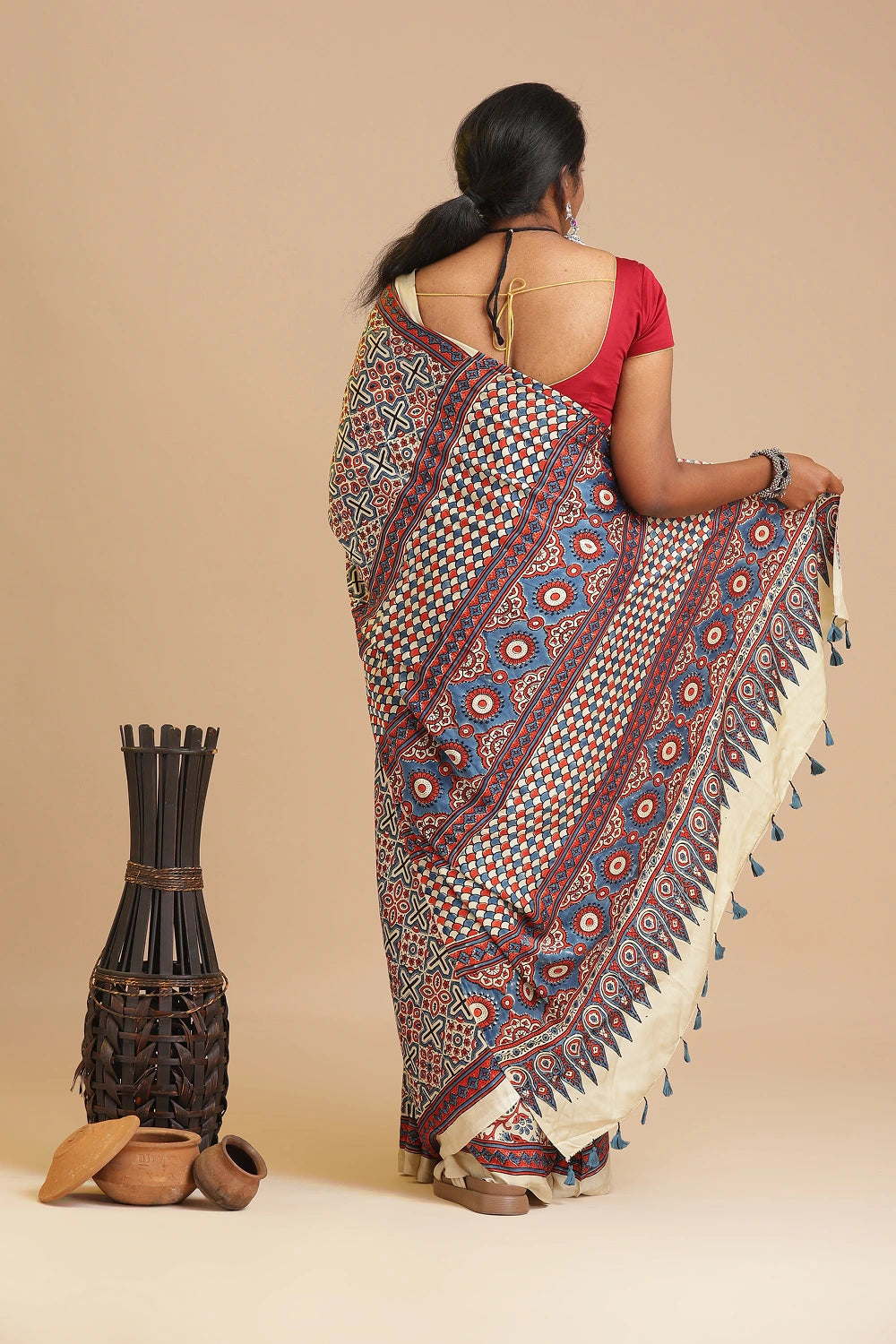 Off White Harmony – Ajrakh Block Printed Modal Silk Saree