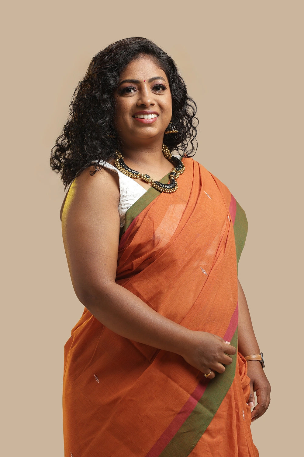 Udupi Cotton Saree | Burnt Ember – Buti Weave | Handwoven