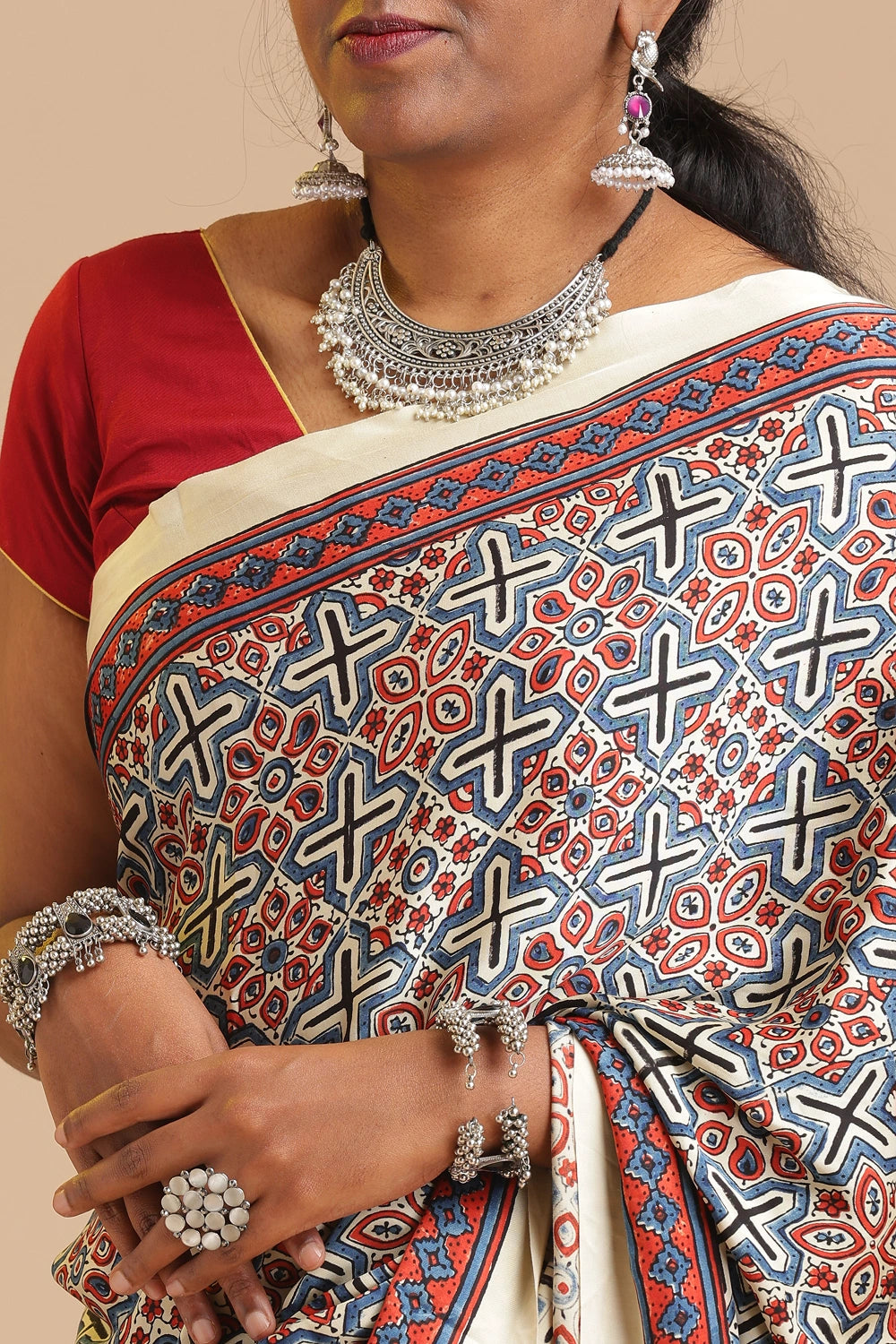 Off White Harmony – Ajrakh Block Printed Modal Silk Saree