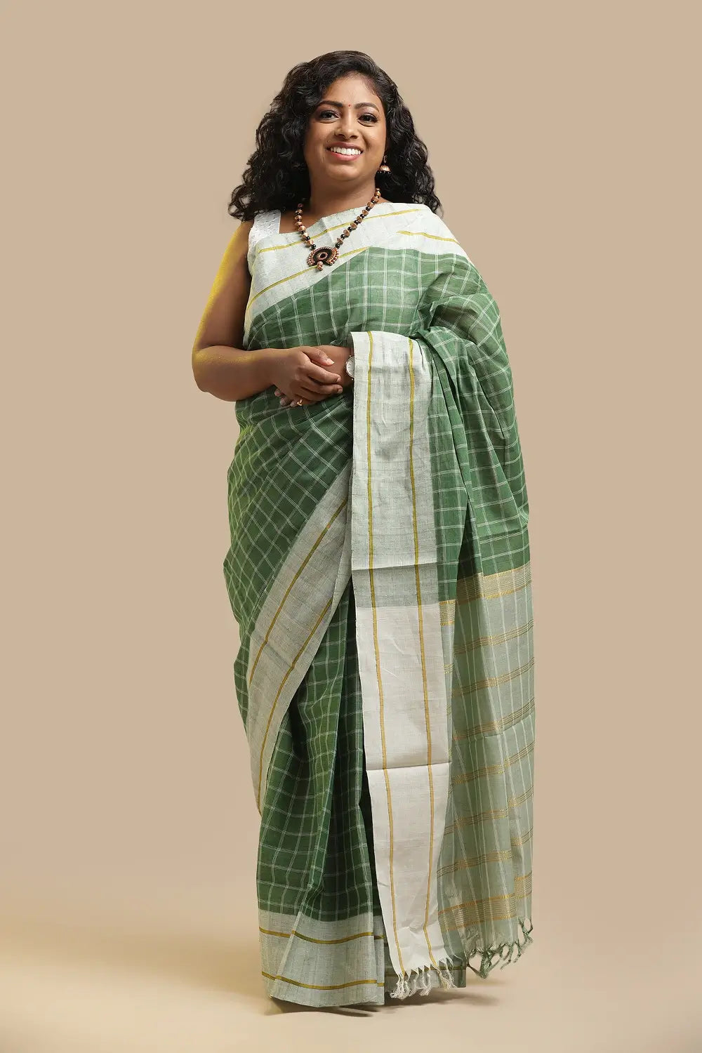 Udupi Cotton Saree | Bottle Green Aura – Checks Weave | Handwoven
