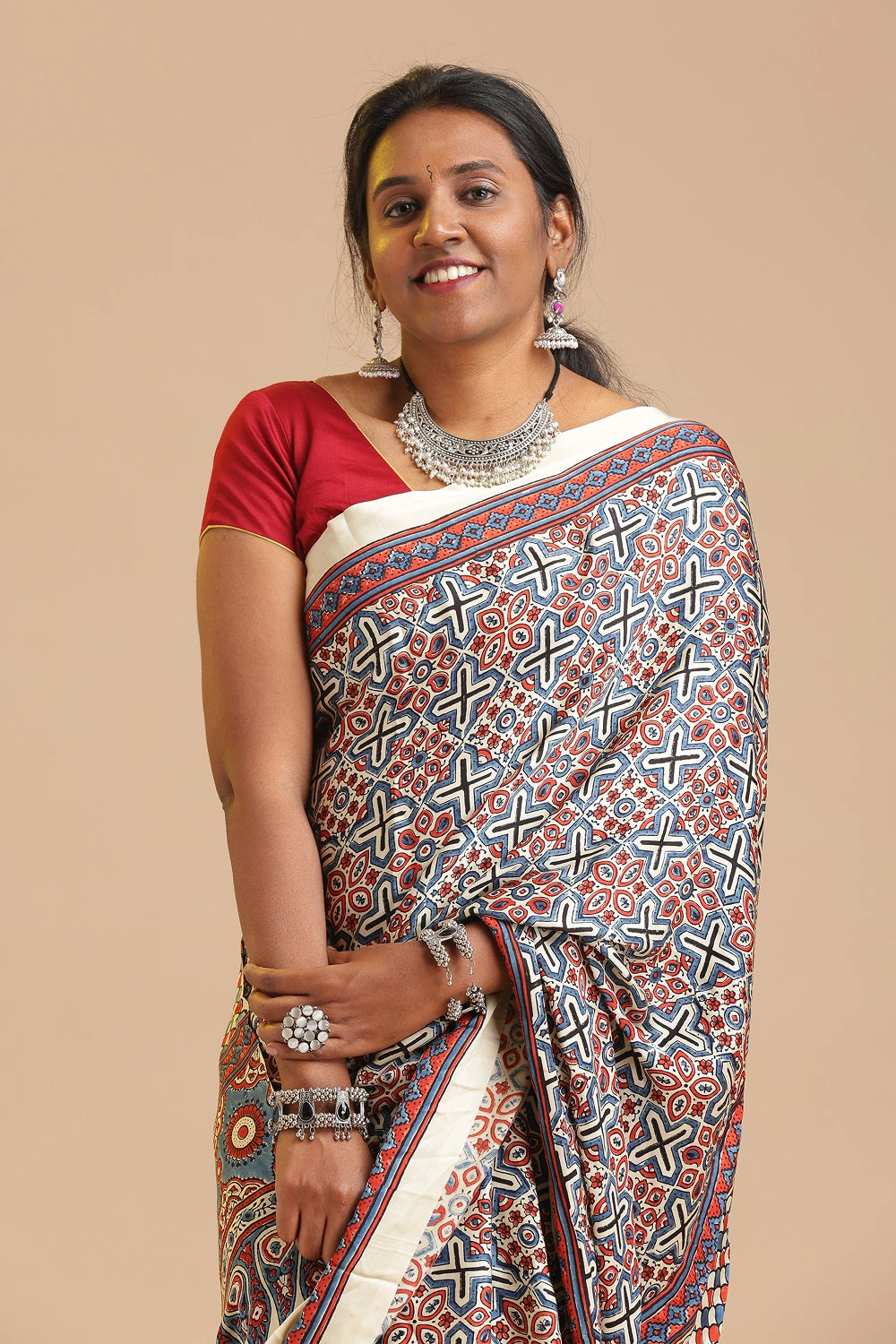 Off White Harmony – Ajrakh Block Printed Modal Silk Saree