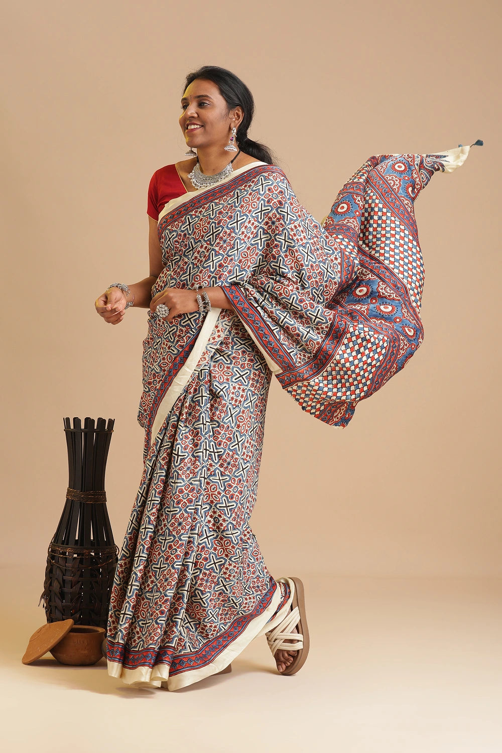 Off White Harmony – Ajrakh Block Printed Modal Silk Saree