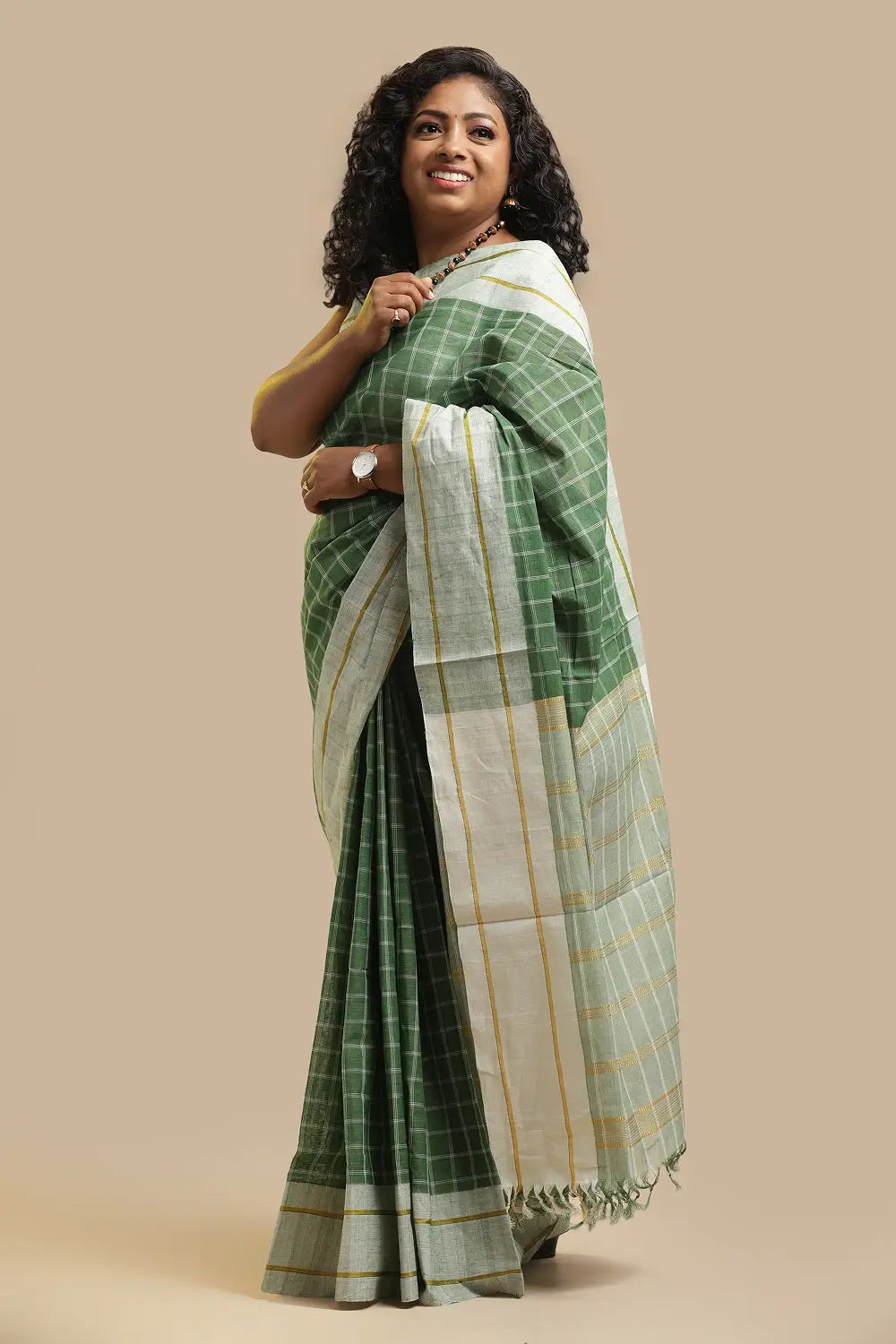 Udupi Cotton Saree | Bottle Green Aura – Checks Weave | Handwoven