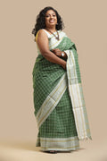 Udupi Cotton Saree | Bottle Green Aura – Checks Weave | Handwoven