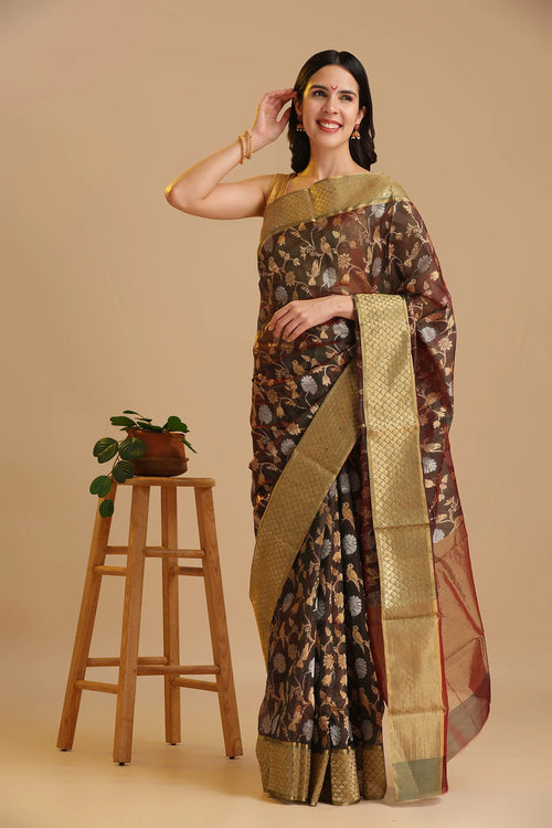 Full-length studio view of a model wearing the bottle green handwoven Chanderi pattu silk saree with silver-golden bird motifs, styled with traditional silver jewelry