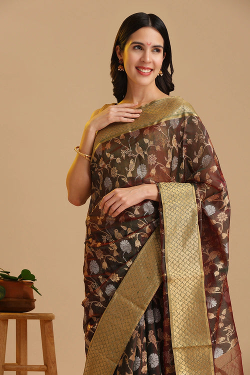 Studio standing angle view showcasing the graceful drape and rich bottle green color palette of the Chanderi pattu silk saree