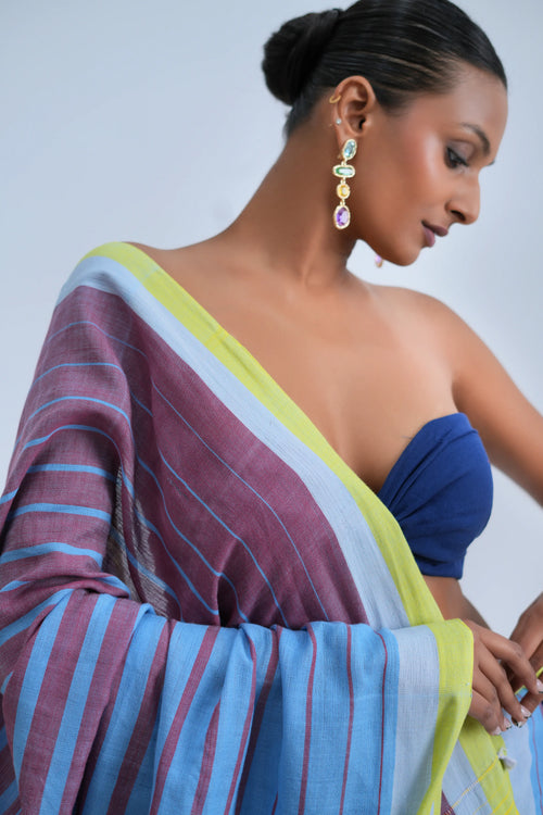 Close-up studio view of the shoulder drape showcasing the crisp lime-yellow border and alternating sky blue and mauve stripe weave