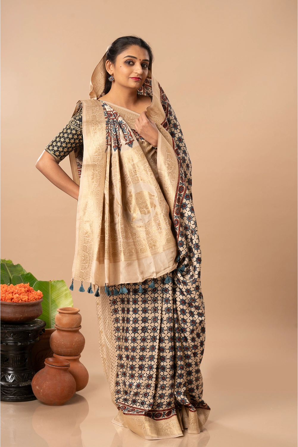 Mughal Mosaics- Ajrakh Dola Saree