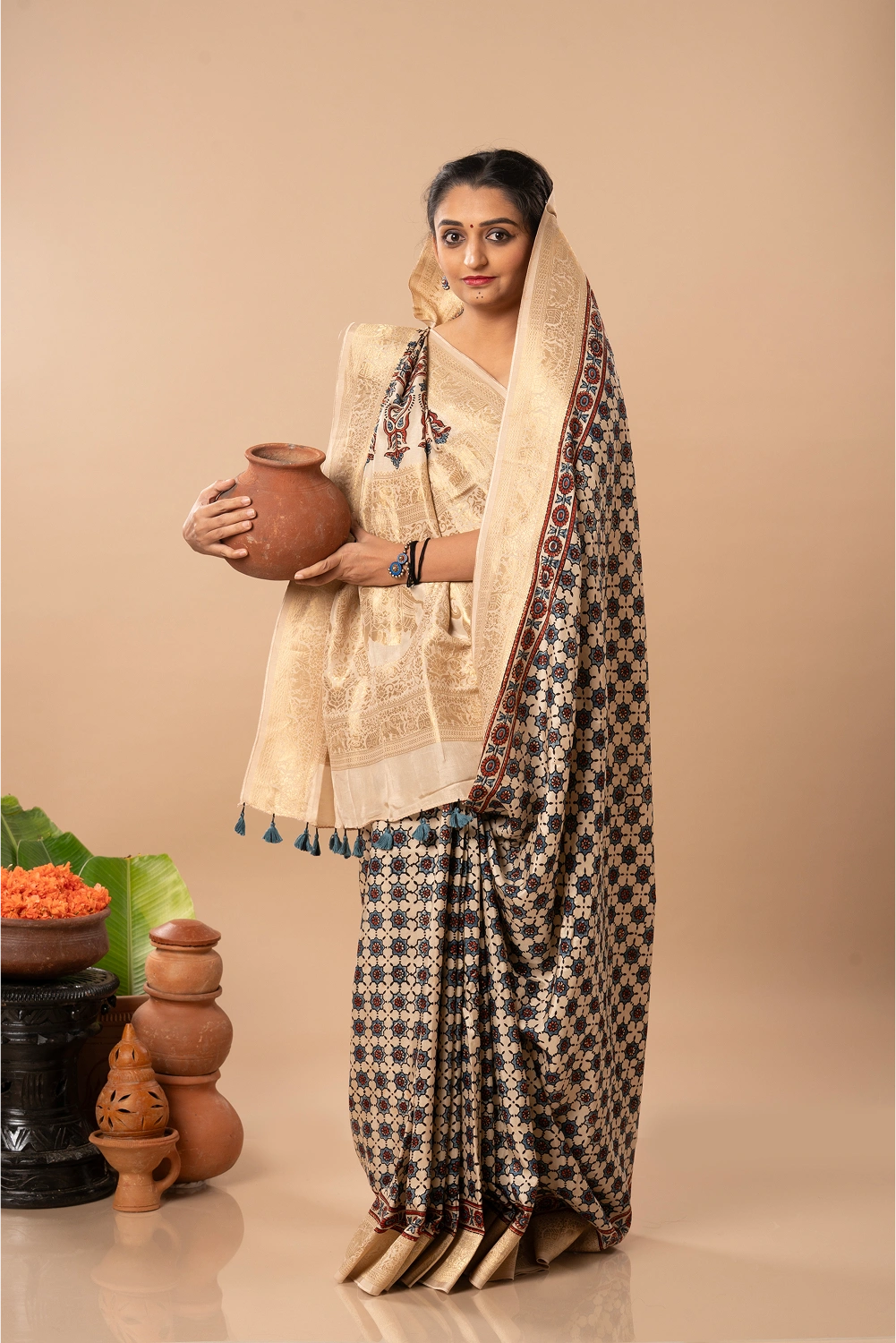 Mughal Mosaics- Ajrakh Dola Saree
