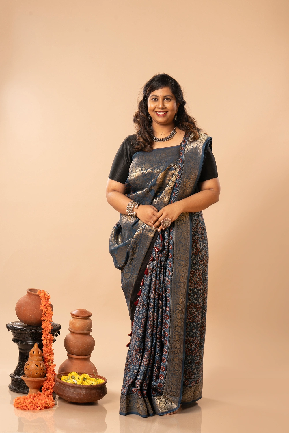 Midnight Grace- Ajrakh Dola Saree