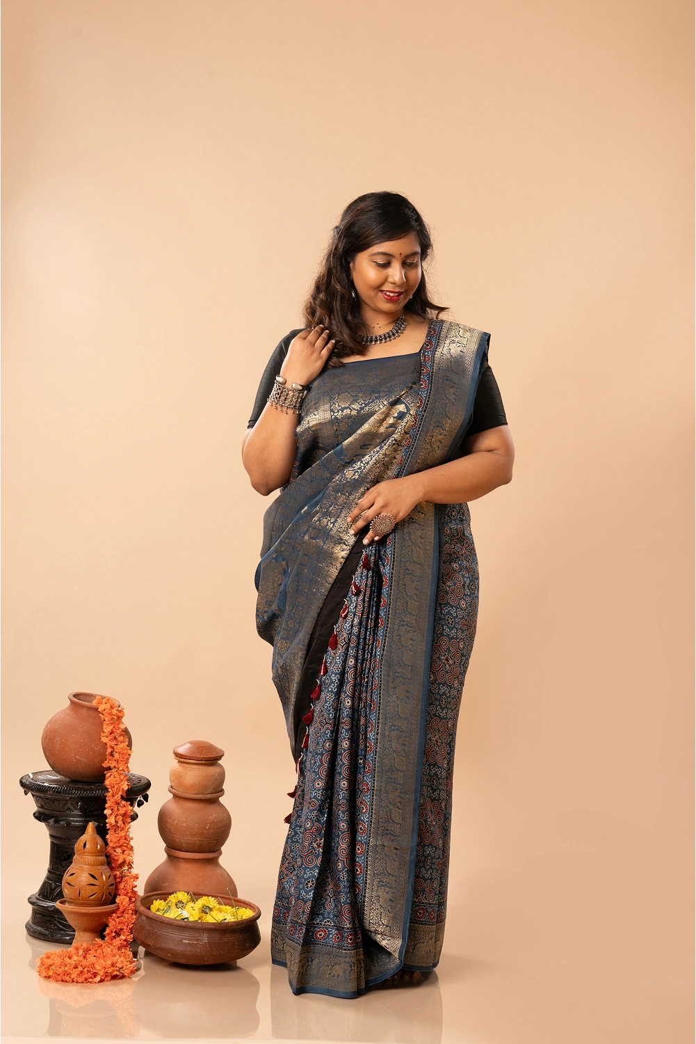 Midnight Grace- Ajrakh Dola Saree