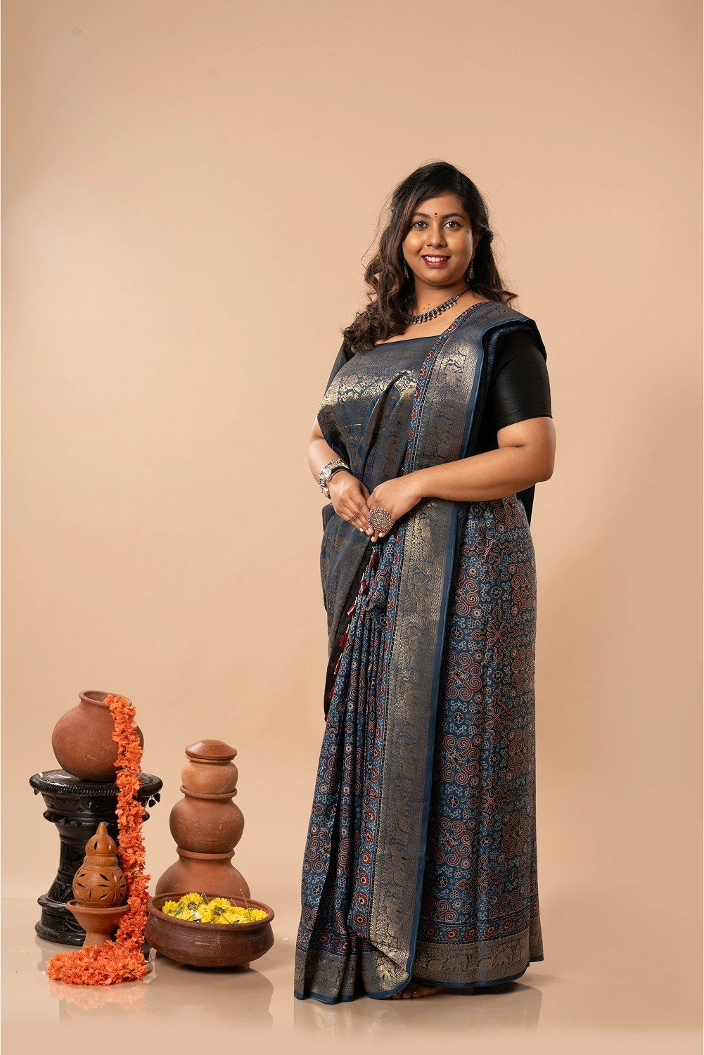 Midnight Grace- Ajrakh Dola Saree