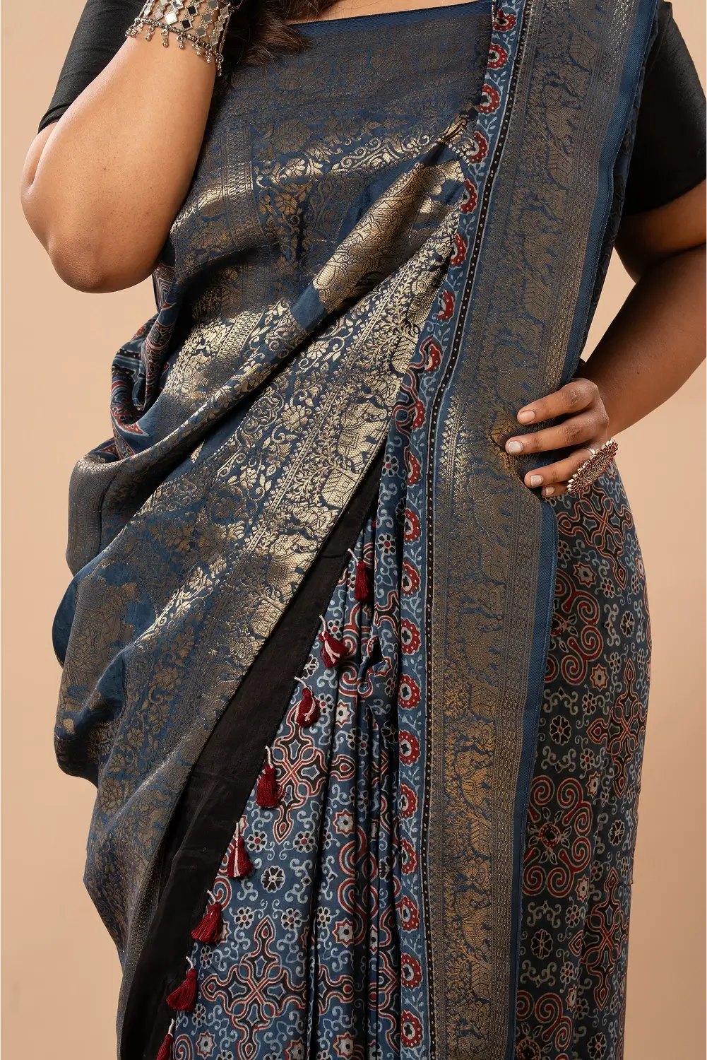 Midnight Grace- Ajrakh Dola Saree